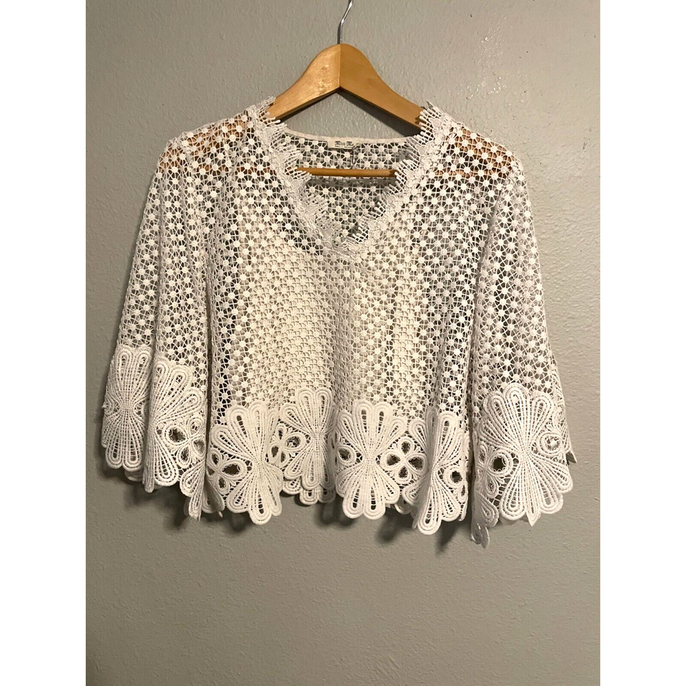 Miss Me Womens Top Small White Floral Crochet Cropped Flare Sleeve Boxy Boho Y2K